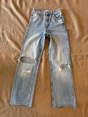 Zara Light Blue High-Rise Wide-Leg Distressed Jeans